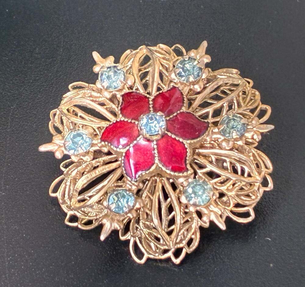 Vintage Red Enamel Flower Brooch Blue Rhinestones Gold Tone Filigree